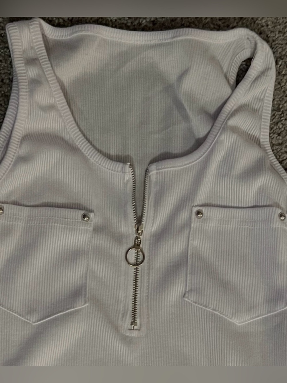 Women's White Ribbed Tank Top with Front Zip